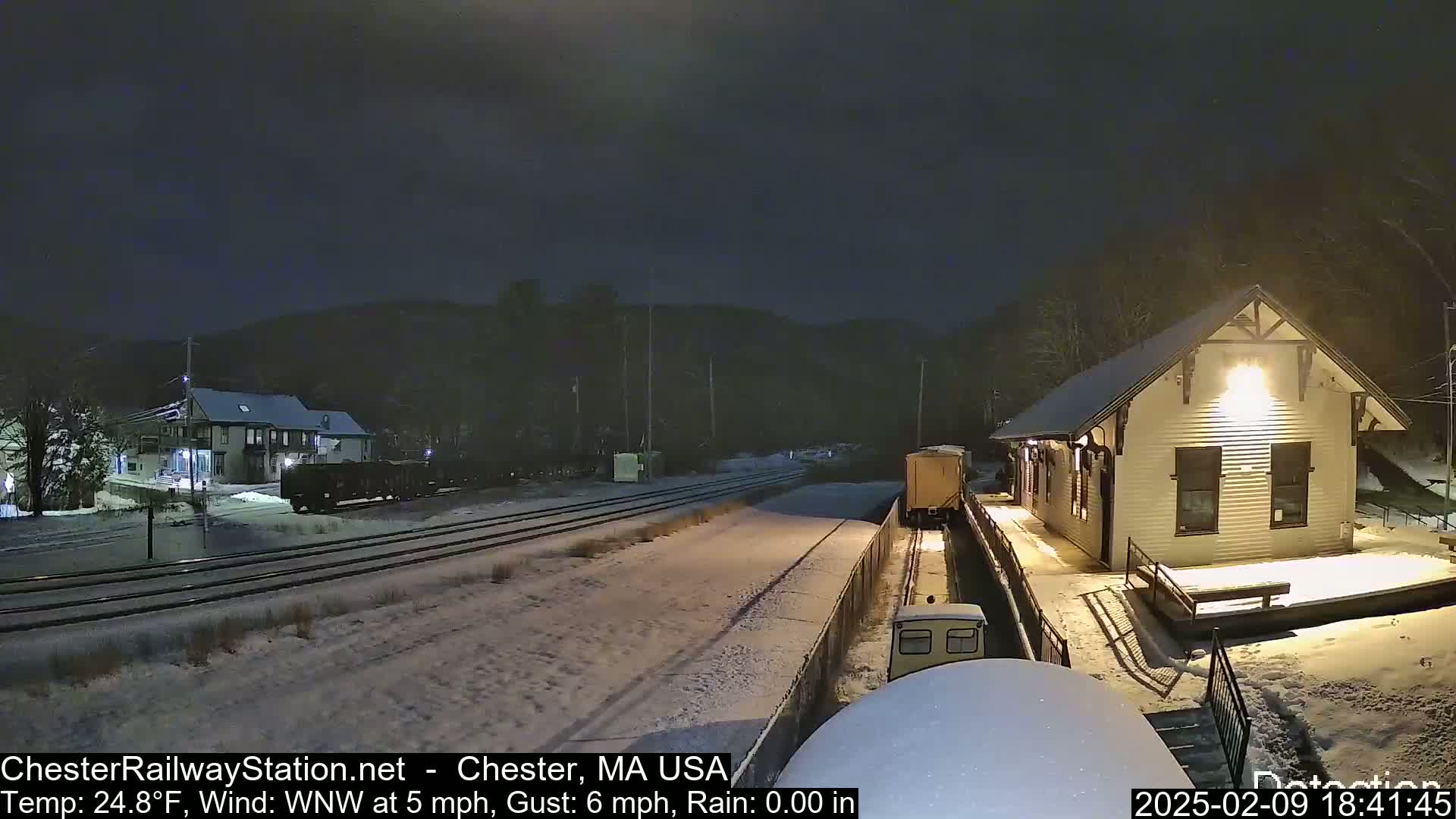 A snow-covered train station and railroad tracks are visible at night under a dark sky, with light rain and a slight wind.