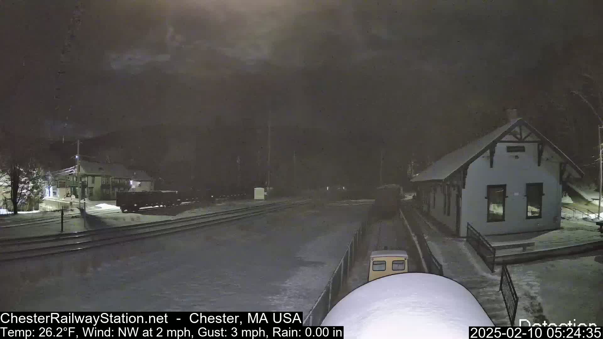 A snow-covered train station and tracks are visible at night under a dark sky with a light northwest wind.