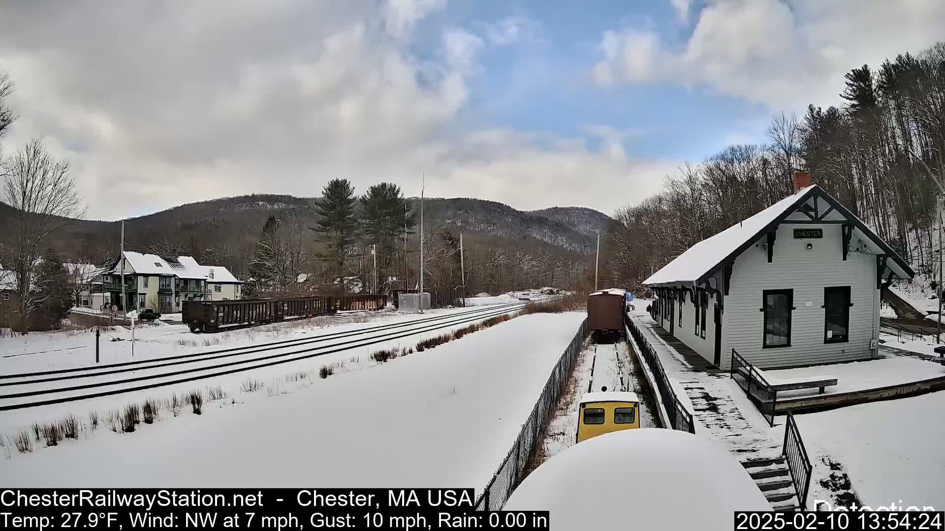 A snow-covered train station and railway tracks are visible, with a partly cloudy sky and nearby hills also covered in snow.
