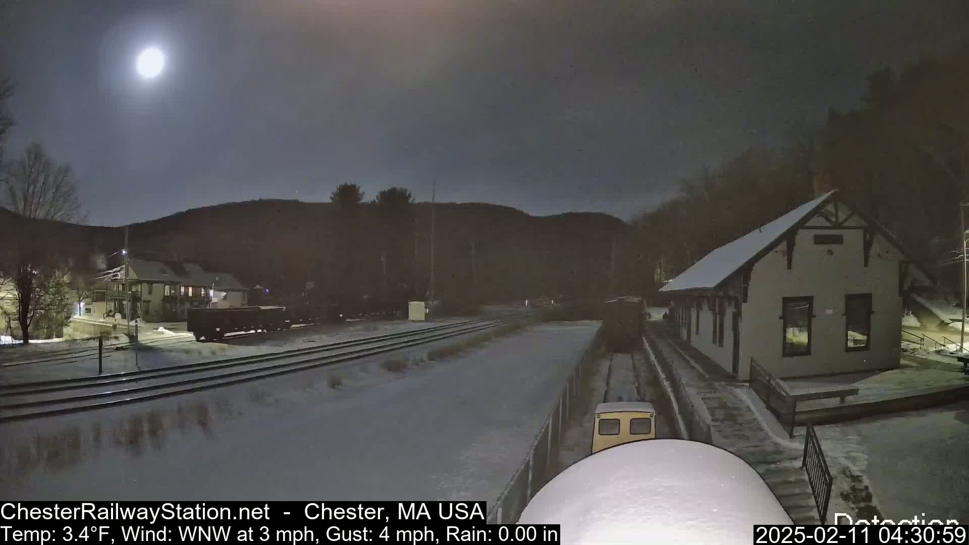 A snow-covered train station and railway tracks are visible under a bright moonlit night, with a train car partially seen in the foreground.