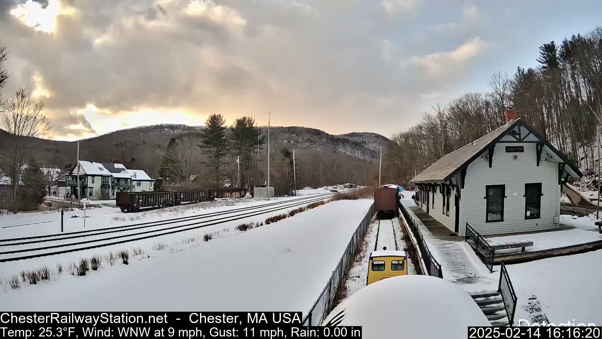 A snow-covered train station and railway tracks are visible, with a small train approaching the station under a partly cloudy sky.