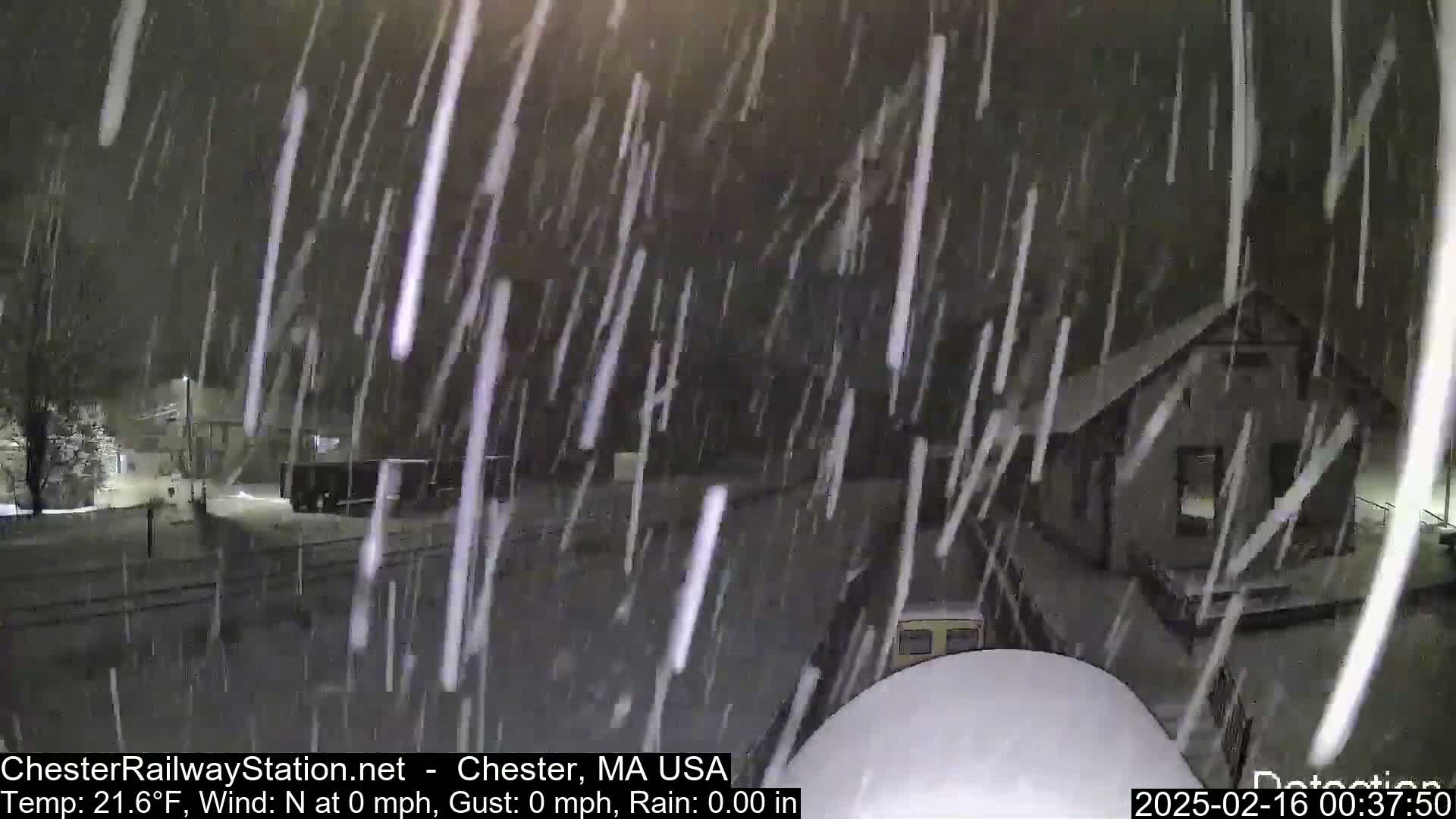 Heavy snowfall obscures the view of a building and a street at night.