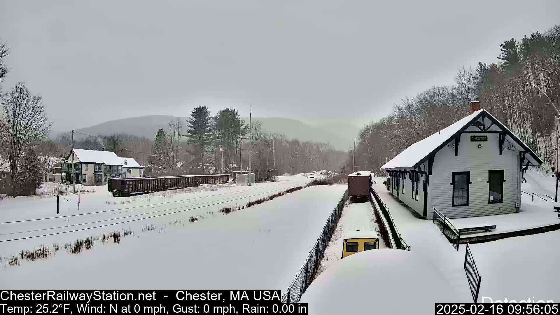 A snow-covered train station and rail yard are visible, with a train car partially in view, under an overcast sky.