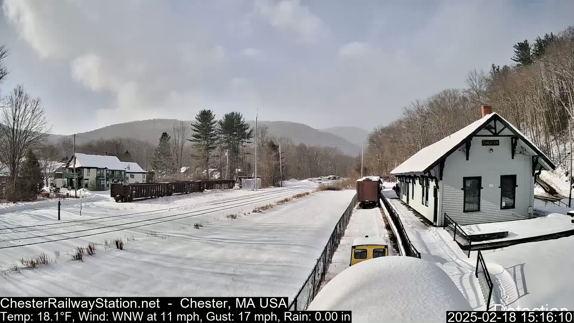 A snow-covered train station and tracks are visible, with a train car partially in view, under a partly sunny sky with a WNW wind.