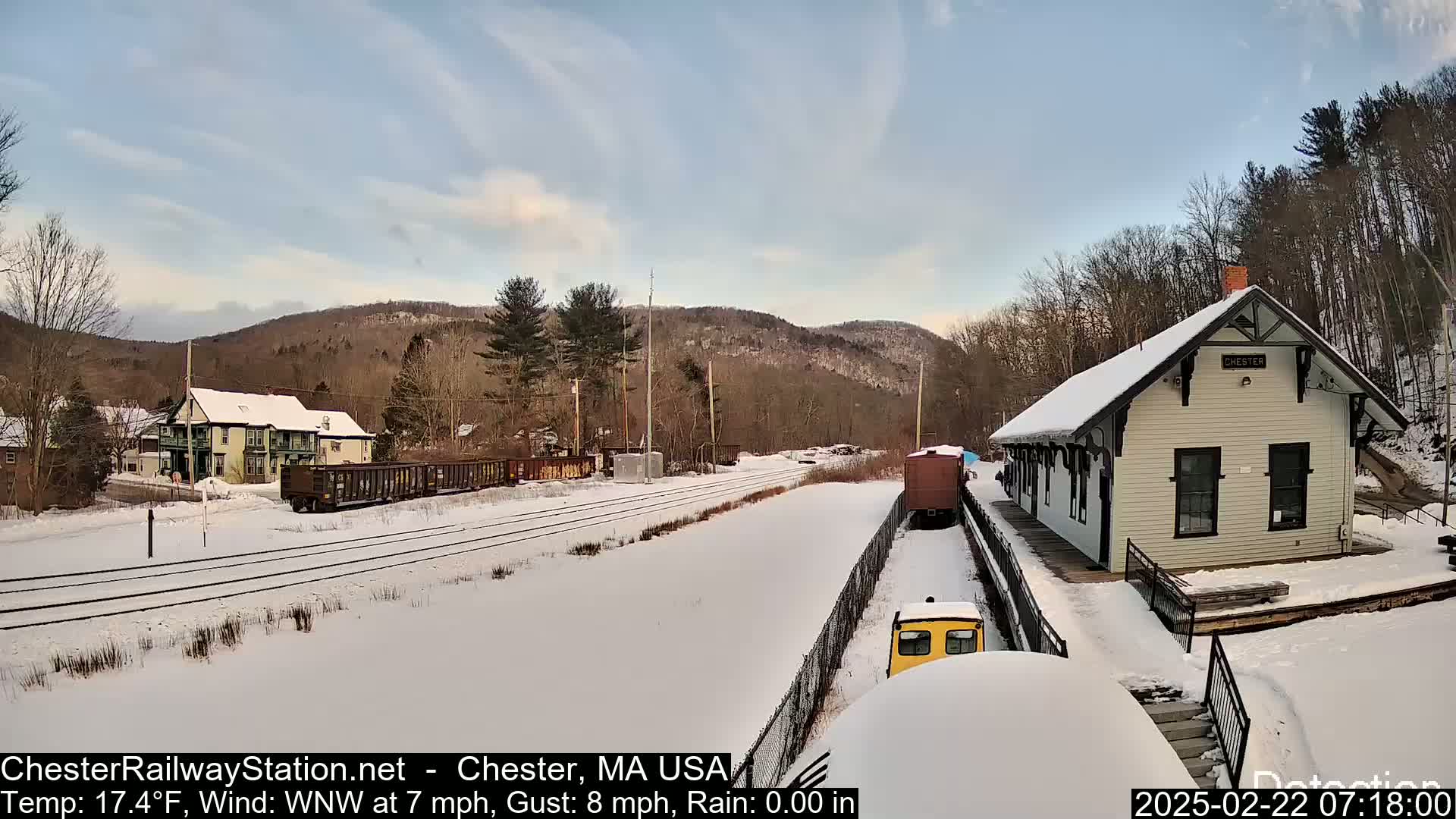 A snow-covered train station and rail yard are situated in a winter landscape with a partly cloudy sky, light wind, and no rain.
