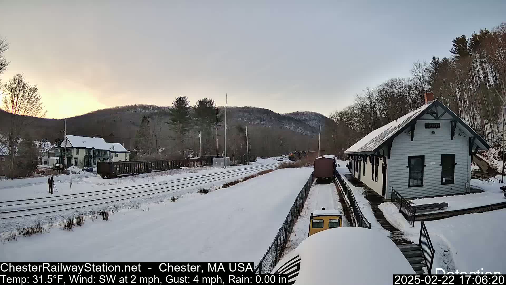 A snow-covered train station and railway line are visible at sunset, with a light southwest wind.
