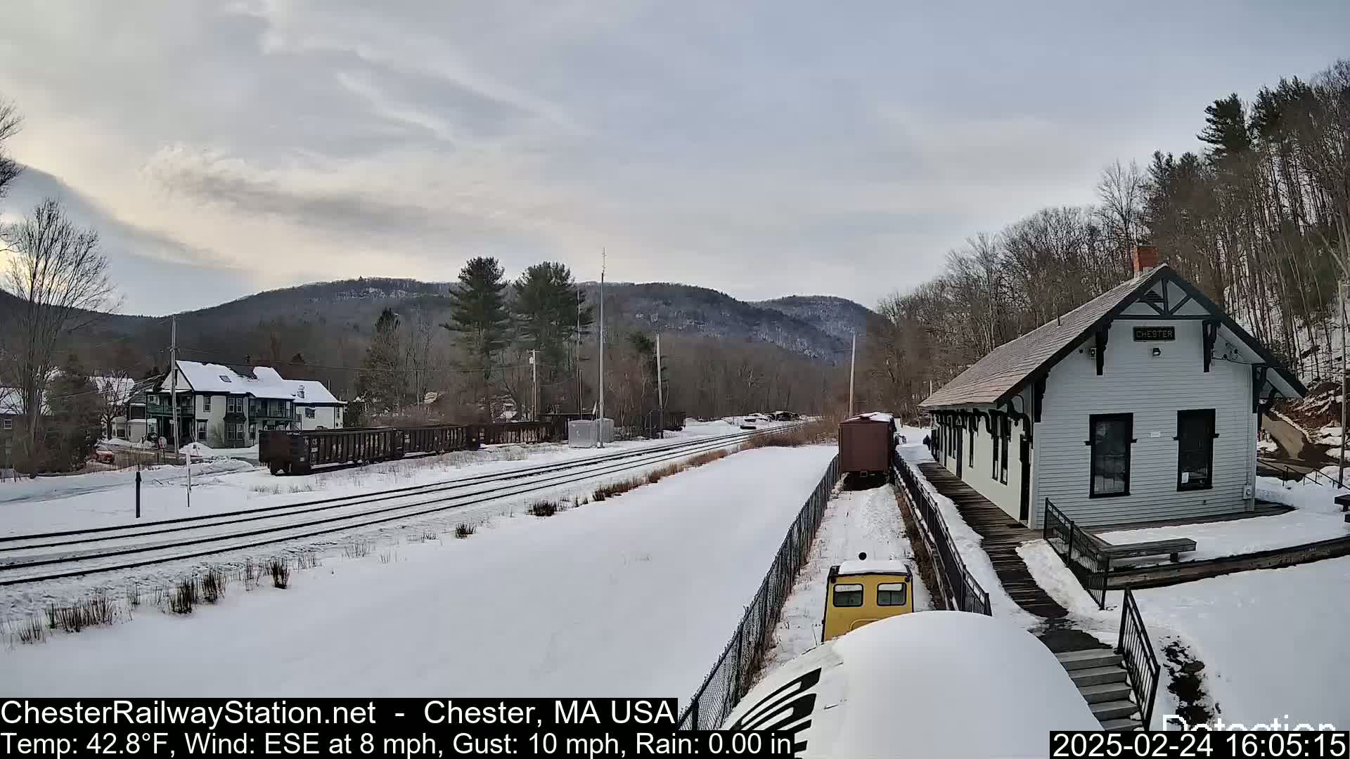 A snow-covered train station and railway line are situated in a valley amidst a winter landscape, with a partly cloudy sky.