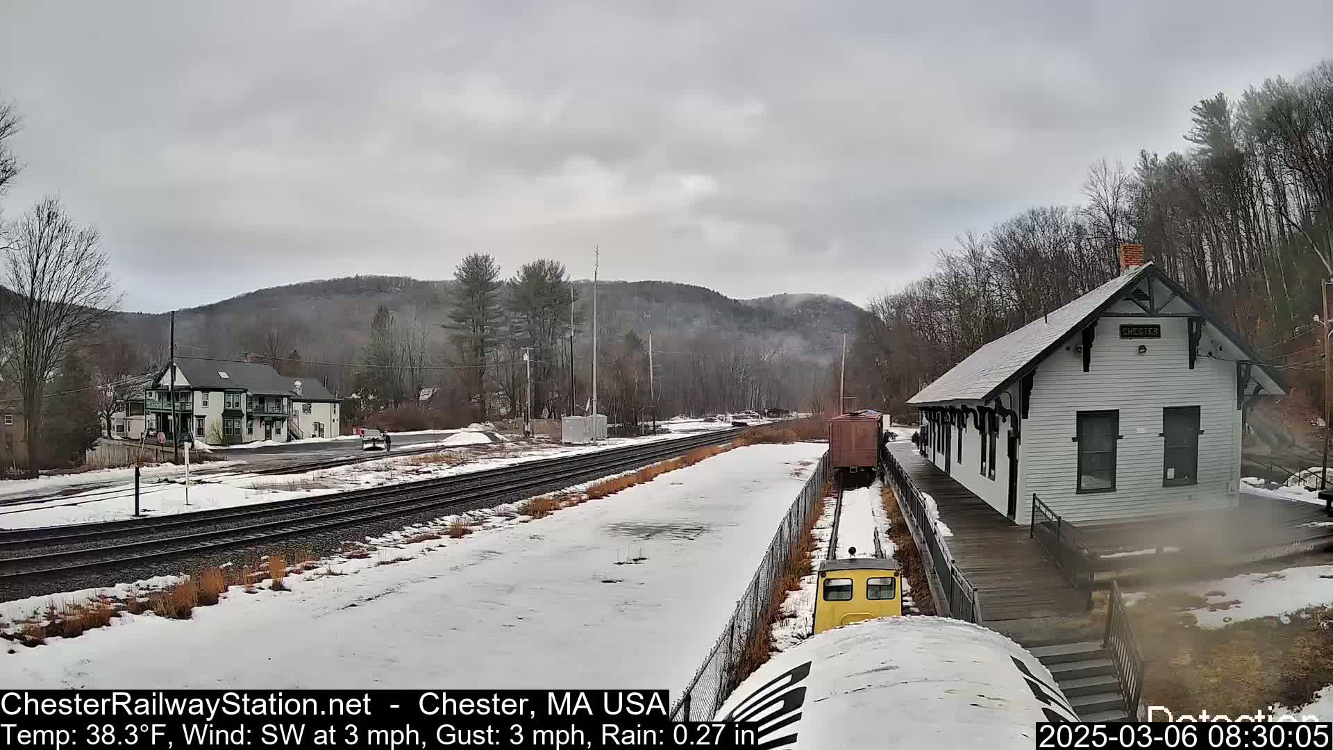 A snow-covered train station and tracks are visible under a cloudy sky, with a small train car present.
