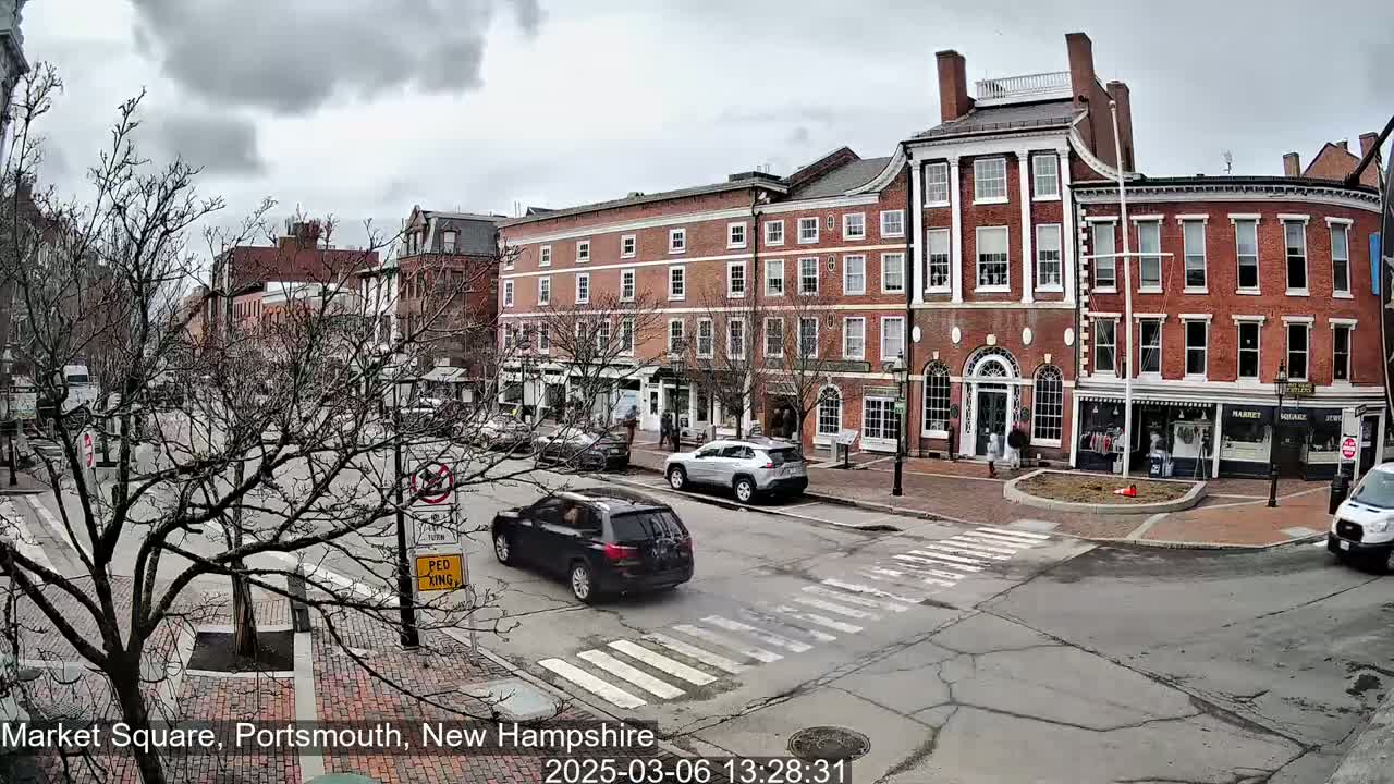 A street scene on an overcast day shows several brick buildings, sparse trees, and a few cars in a town square.