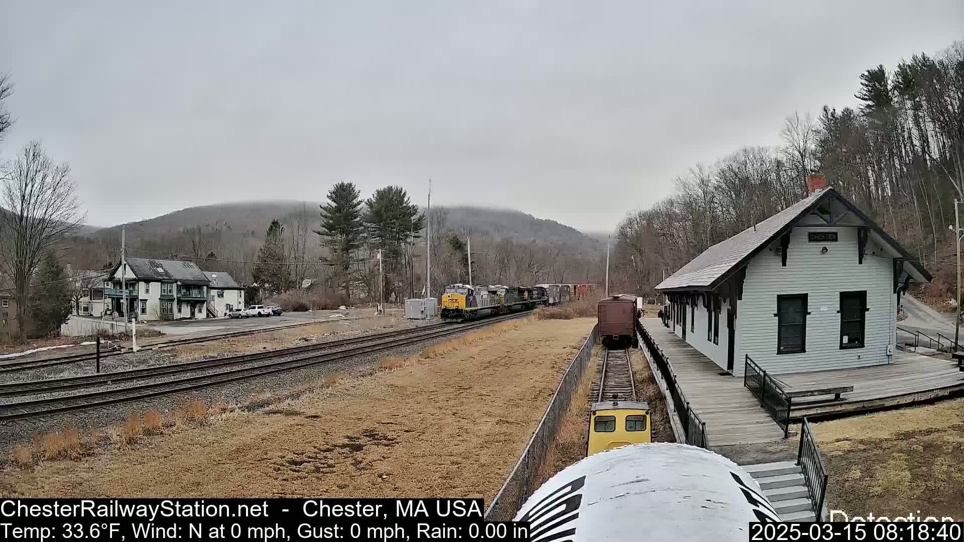 A freight train passes a small, light-colored train station in a rural area under an overcast sky.