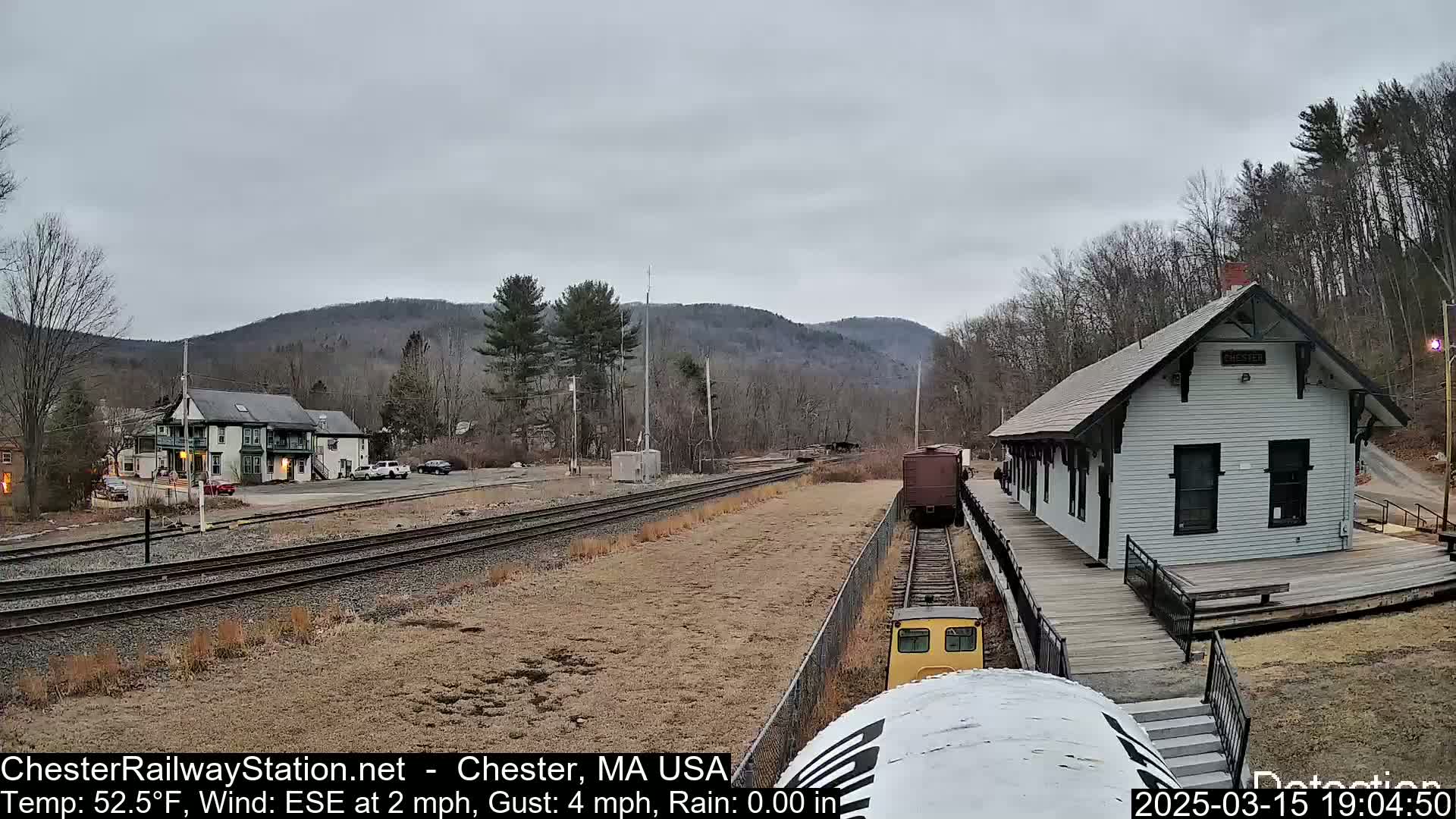 A train approaches a small, white train station situated in a valley, under an overcast sky.