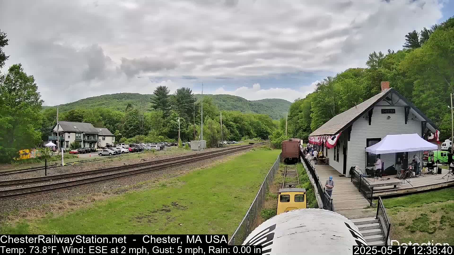 A train station with a small crowd of people outside, under a partly cloudy sky, with a slight wind and no rain.