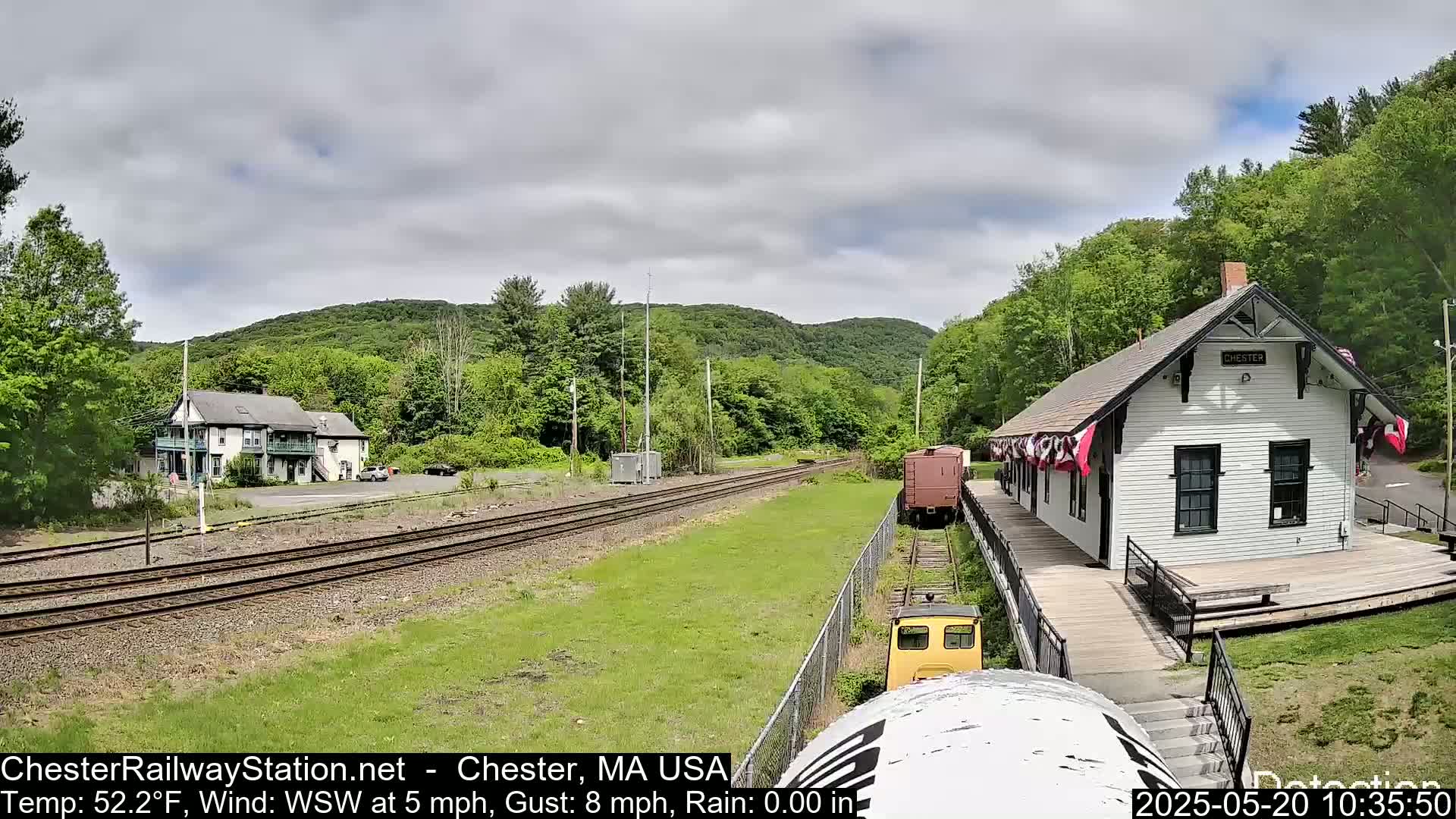 A small white train station with a wooden platform sits beside railroad tracks on a partly cloudy day, with green hills and trees in the background.
