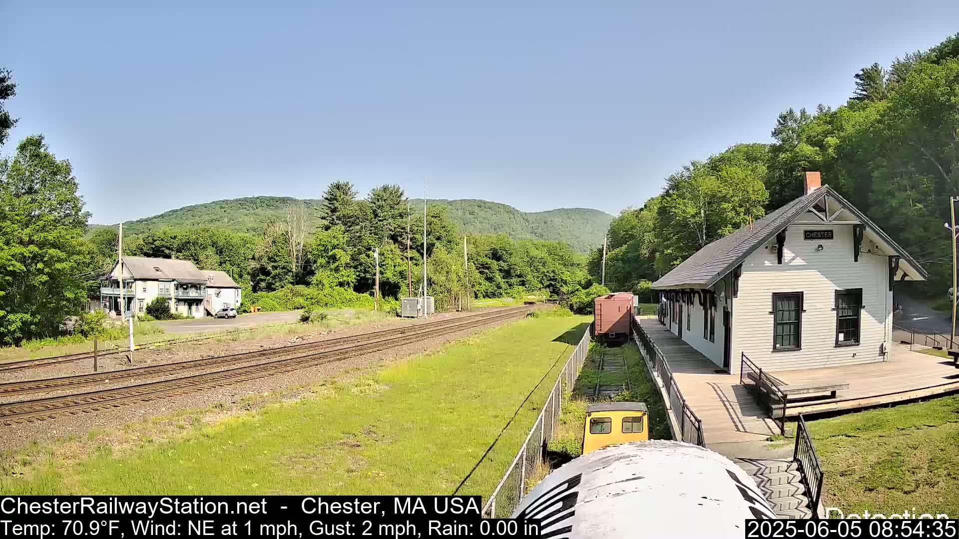 A view of a train station and tracks, with a small building and a larger house in the background, on a sunny day with a light northeast wind.