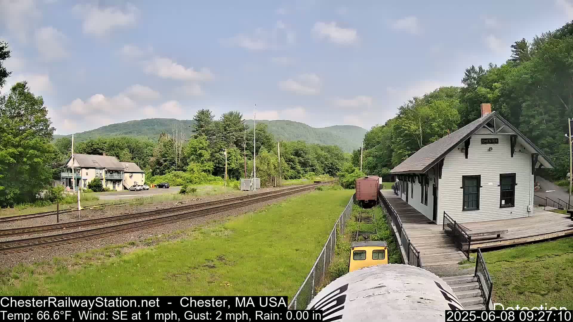 A train station sits beside train tracks and a two-story building, all nestled in a green valley under a partly cloudy sky.