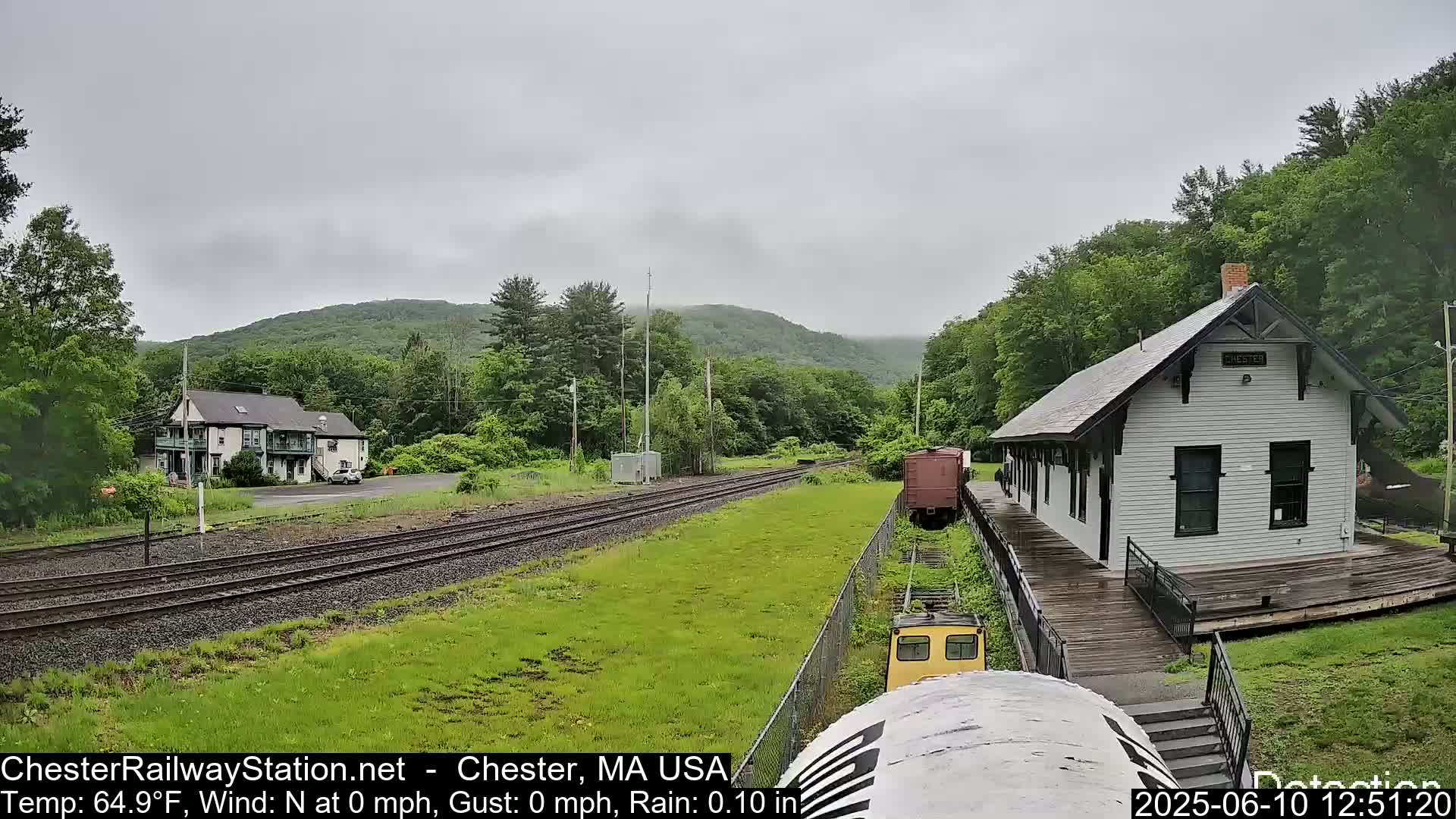 A small white train station sits beside train tracks on a rainy day, with green hills and trees in the background.