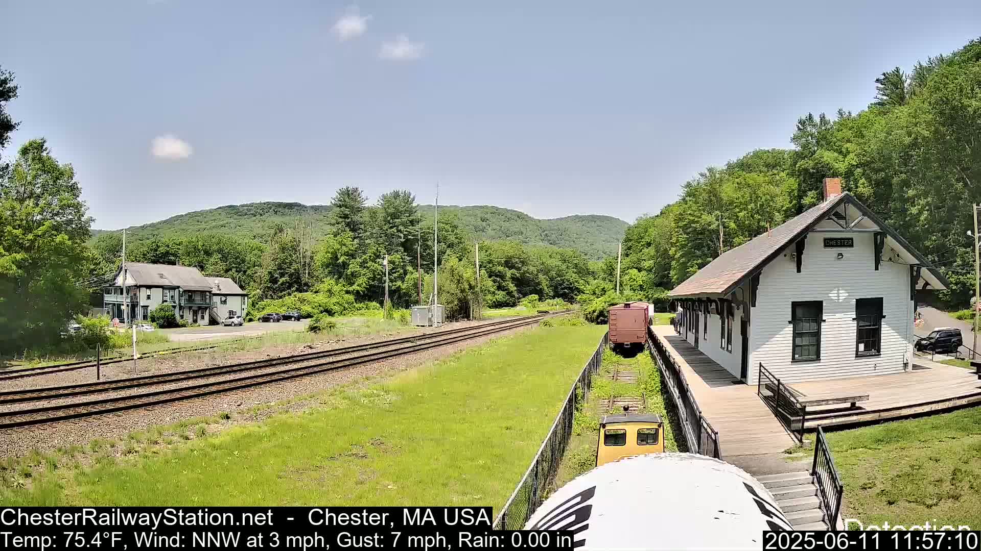 A white train station sits beside railroad tracks on a sunny day with a light northwest wind, nestled in a green, hilly landscape.