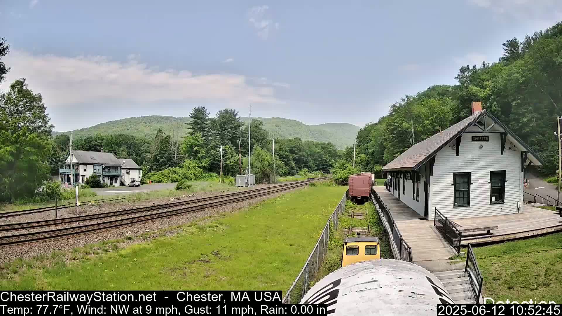 A white train station sits beside train tracks that lead toward a two-story building and a hilly, green landscape under a mostly clear sky.