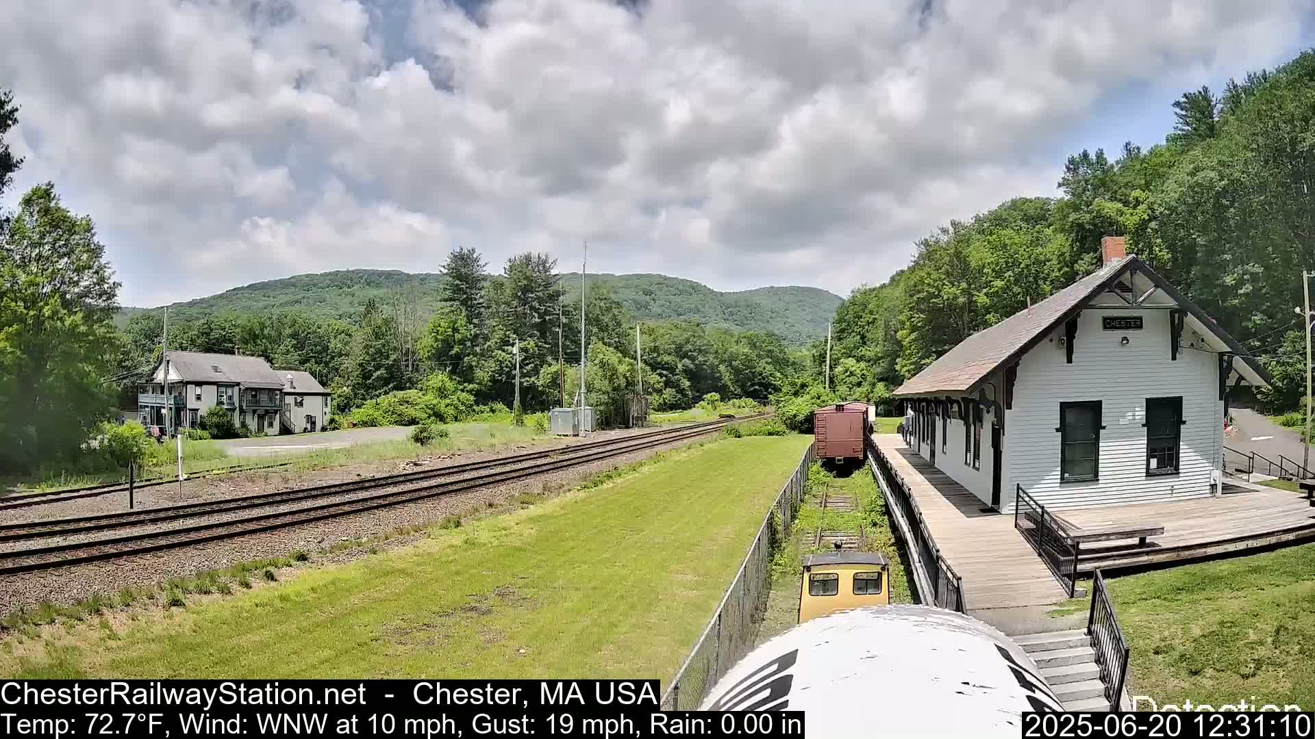 A small, white train station sits beside railroad tracks under a partly cloudy sky, with a two-story building and green hills visible in the background.