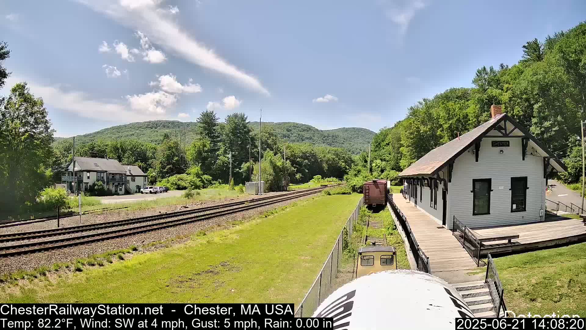 A train station sits beside a railway track in a sunny, green valley under a partly cloudy sky.