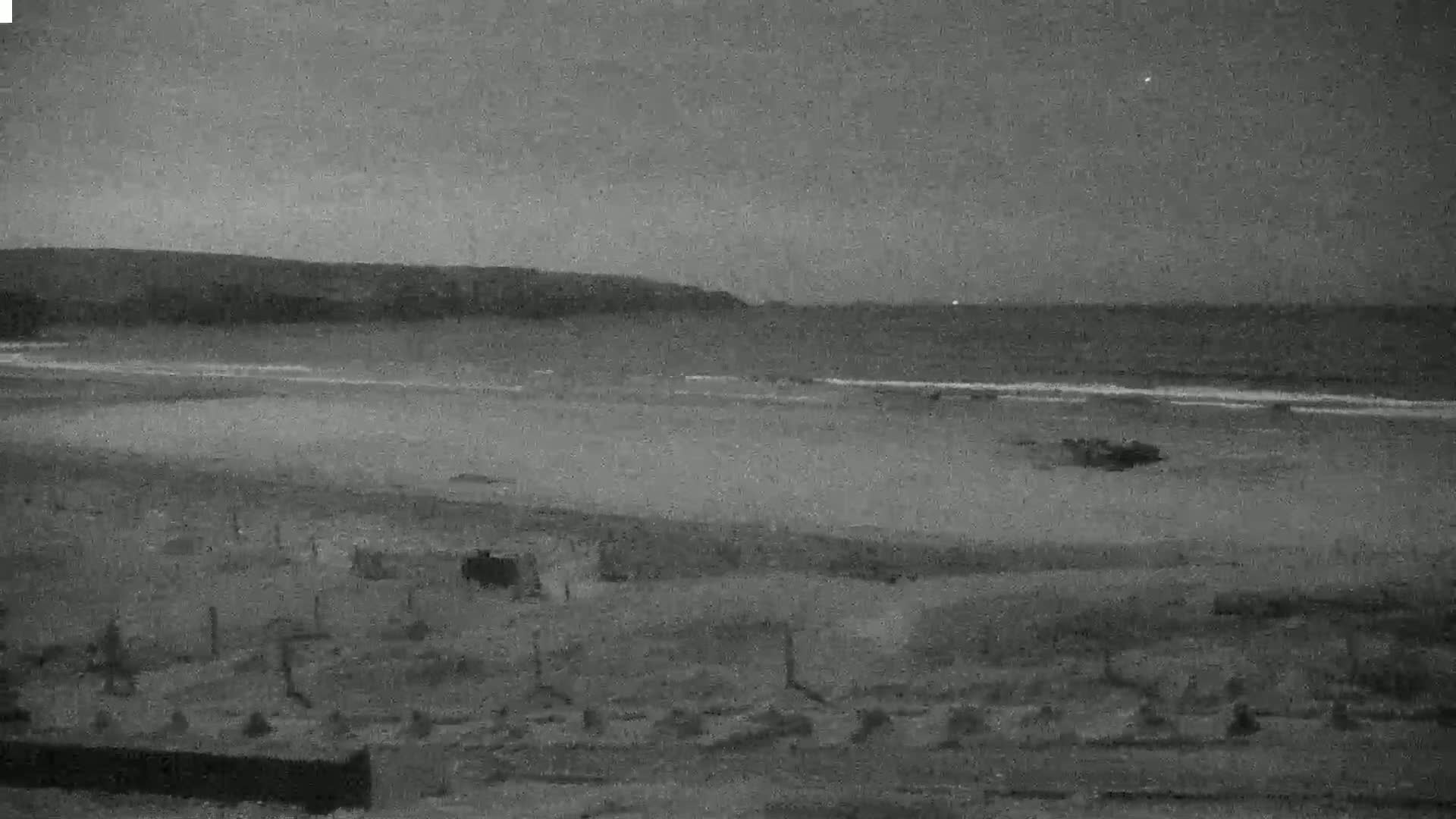 A dark, sandy beach at night is shown, with a calm ocean visible in the background under a dusky sky.