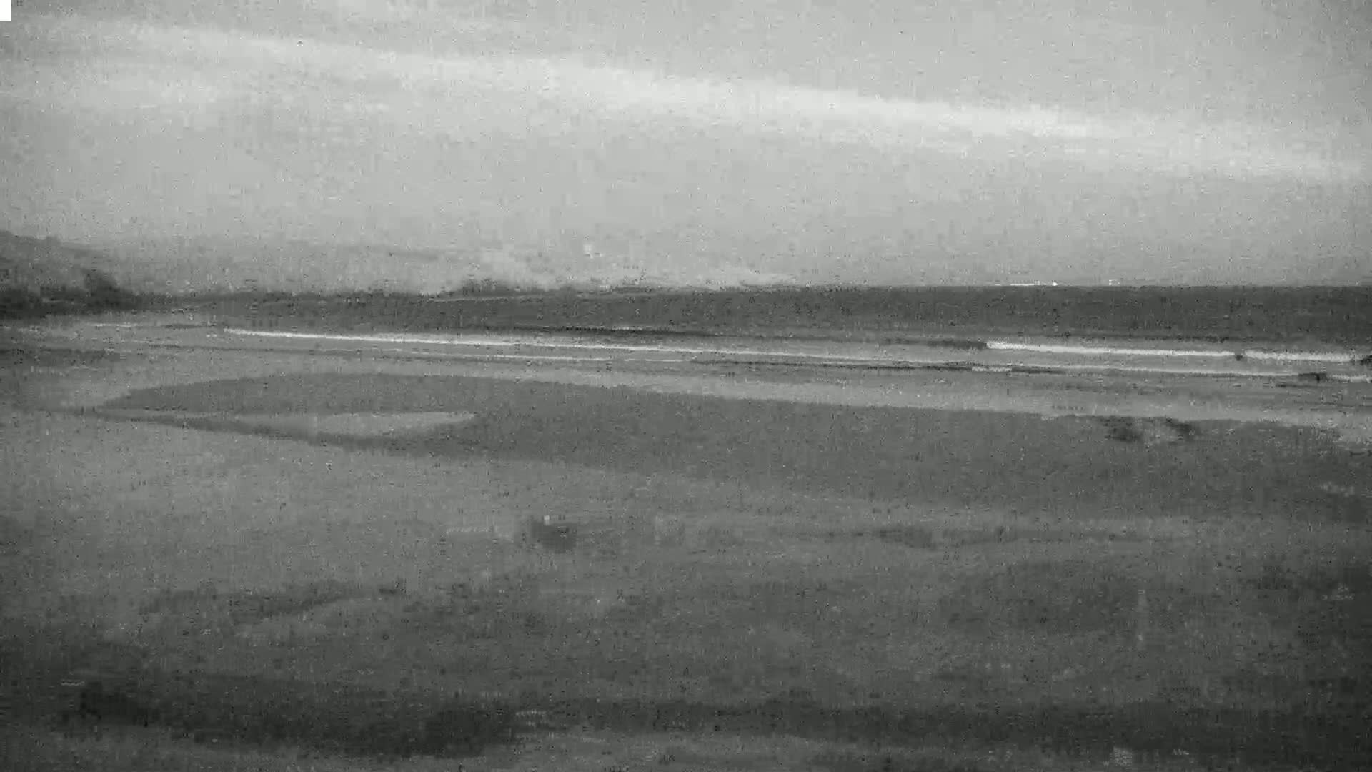 A grayscale image shows a beach with a calm ocean under an overcast sky.