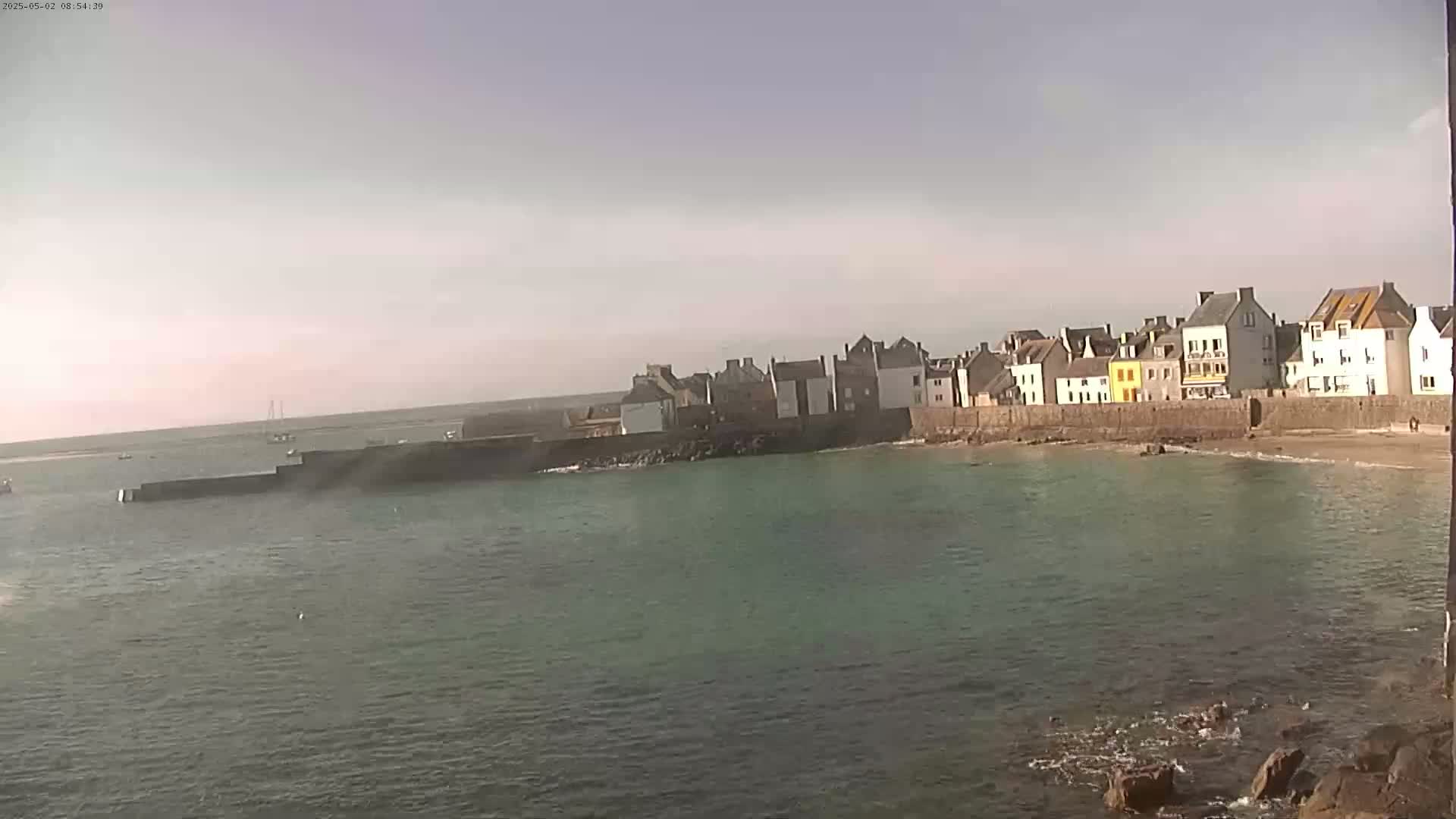 A row of houses sits on a coast next to calm, greenish water under a clear, light sky.