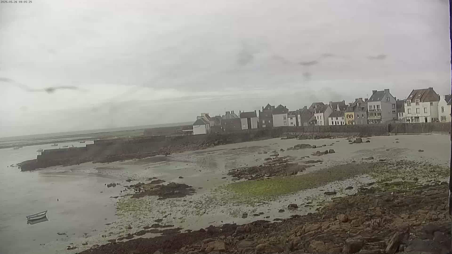A row of houses sits behind a low wall overlooking a mostly exposed, rocky beach and calm, grey water under an overcast sky.