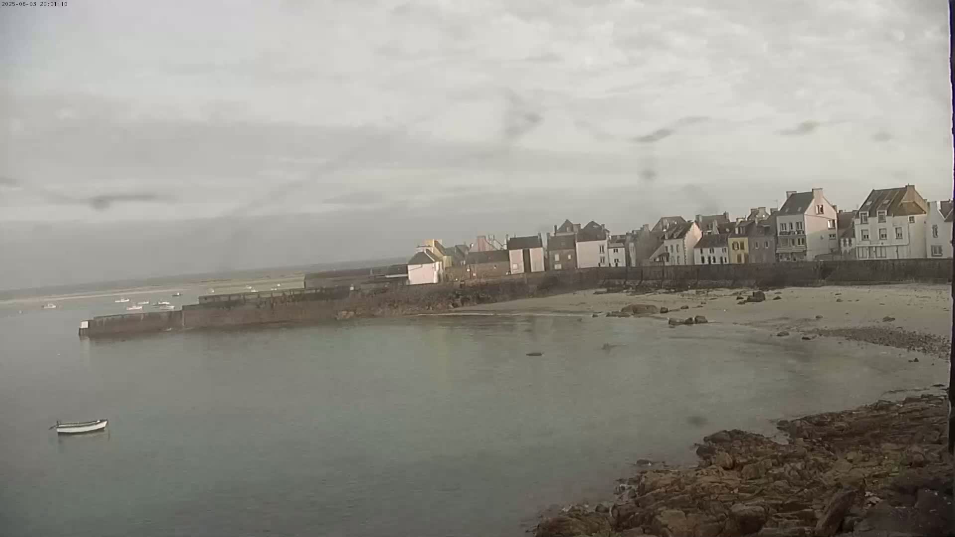 A small coastal town with several buildings is visible across a calm body of water under an overcast sky.