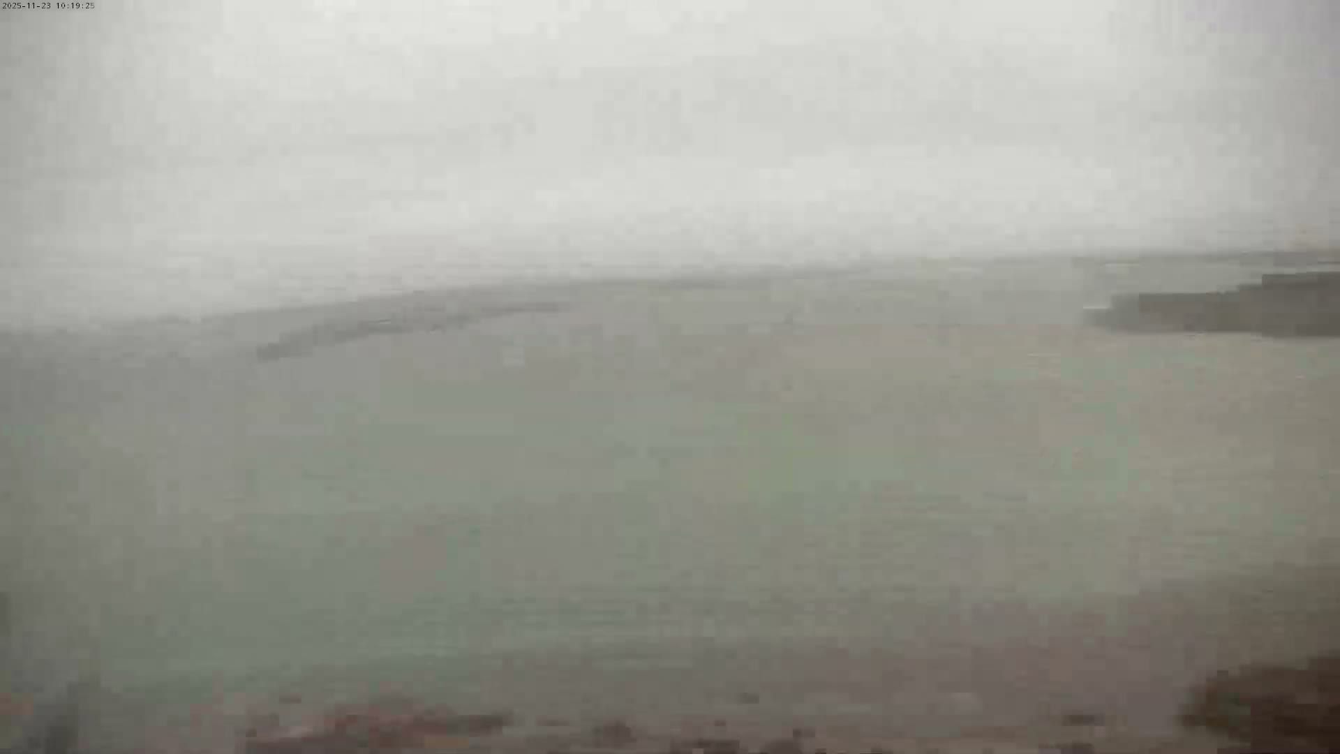 A wide expanse of murky green-grey water stretches under a heavily overcast or foggy sky, with indistinct land or structures visible along the distant shores.