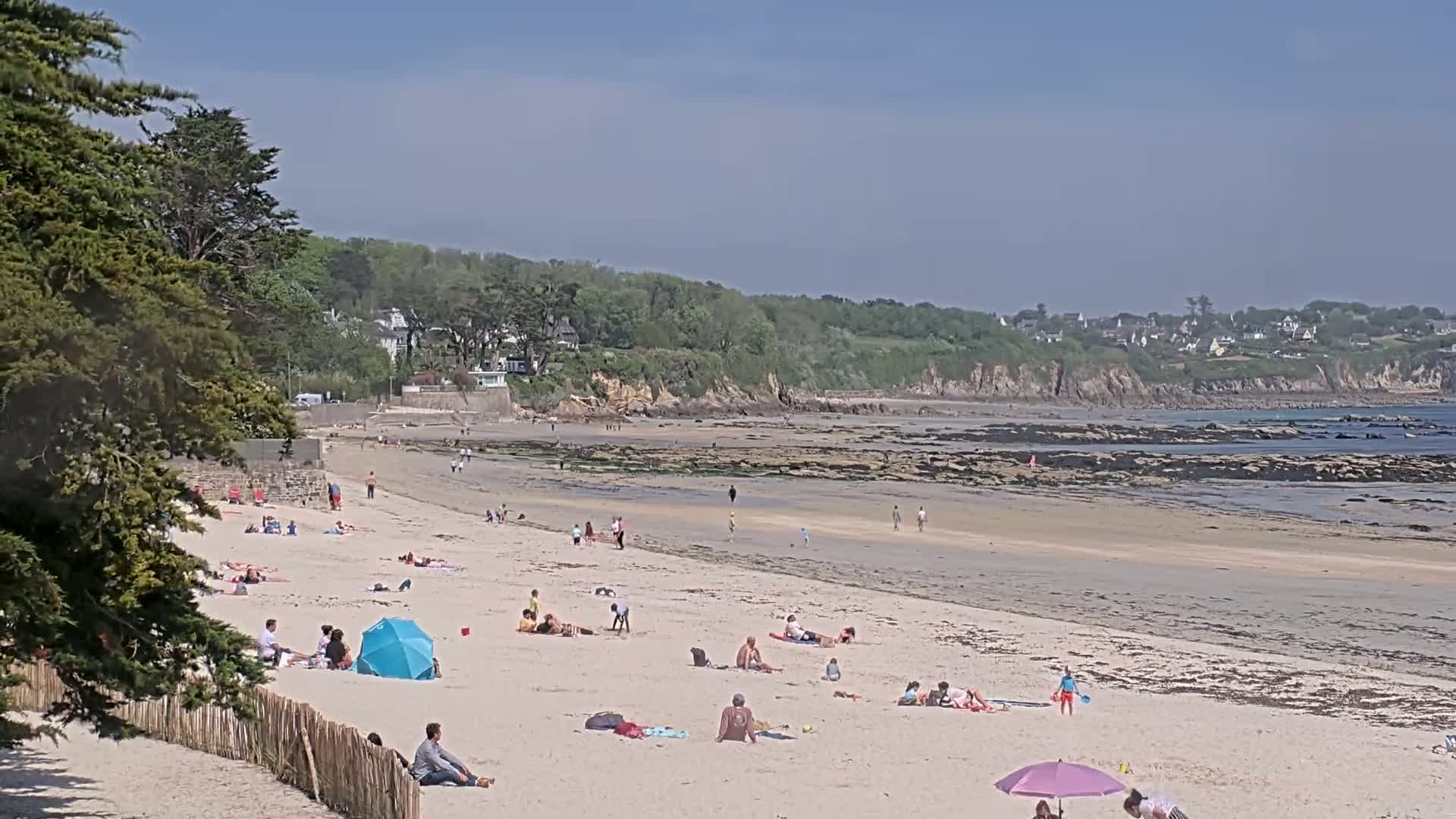 A sandy beach with many people sunbathing and relaxing under umbrellas, backed by green hills and a clear blue sky.