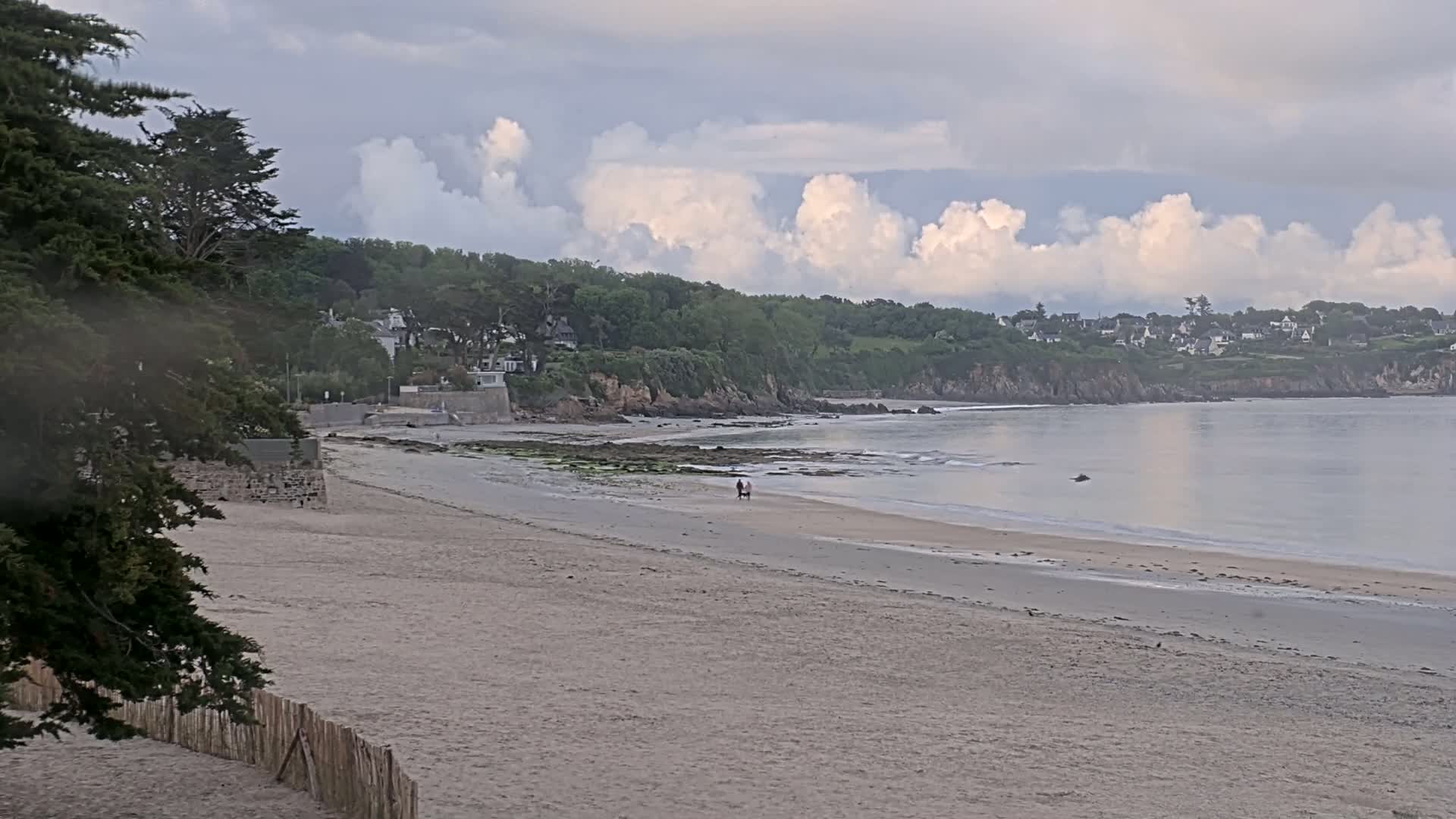 A sandy beach stretches toward a calm sea under a cloudy sky, with a line of trees and houses on the distant hillside.