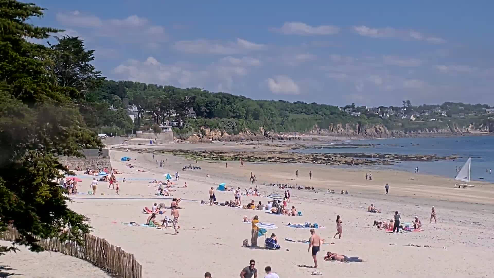 A sandy beach with many people sunbathing and swimming, under a partly cloudy sunny sky, is bordered by green vegetation and overlooks a calm ocean with a sailboat in the distance.