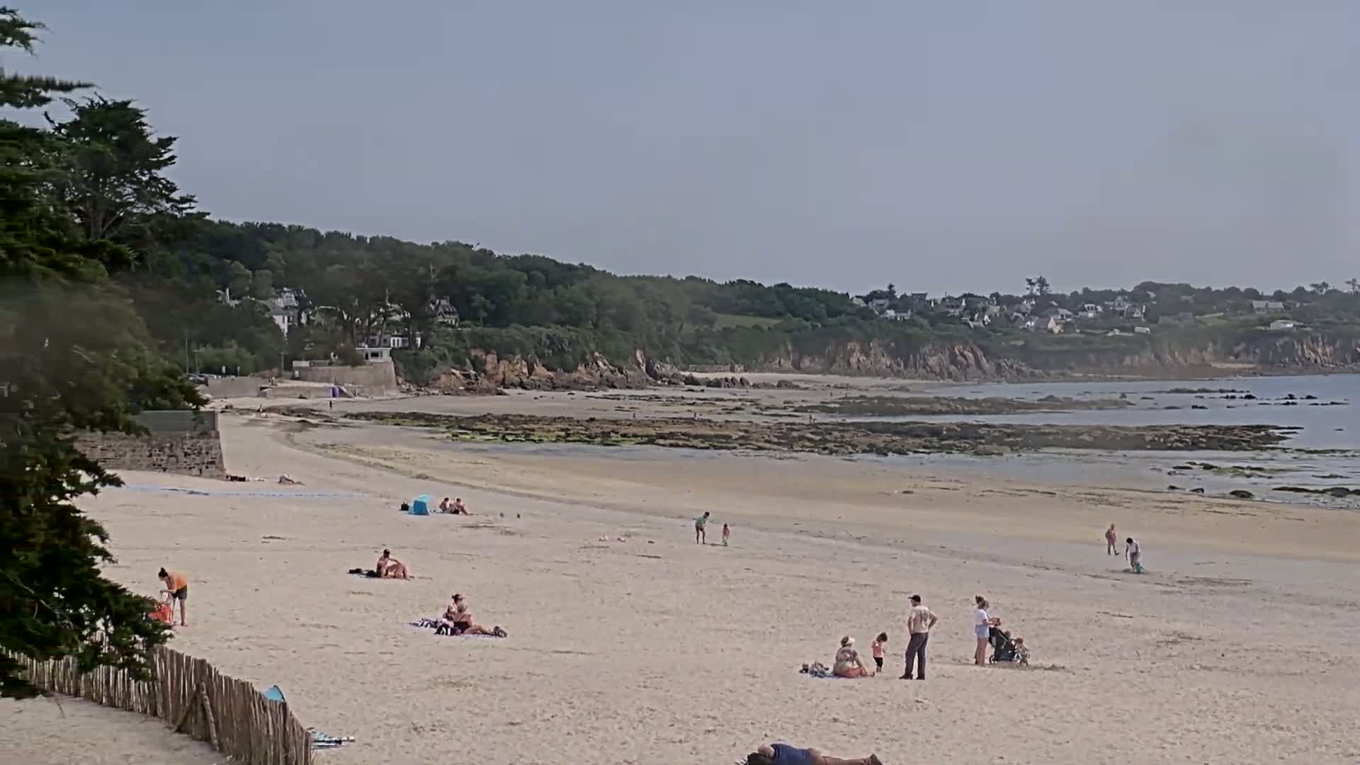 A sandy beach with scattered people sunbathing and playing, backed by a line of trees and houses on a partly sunny day.