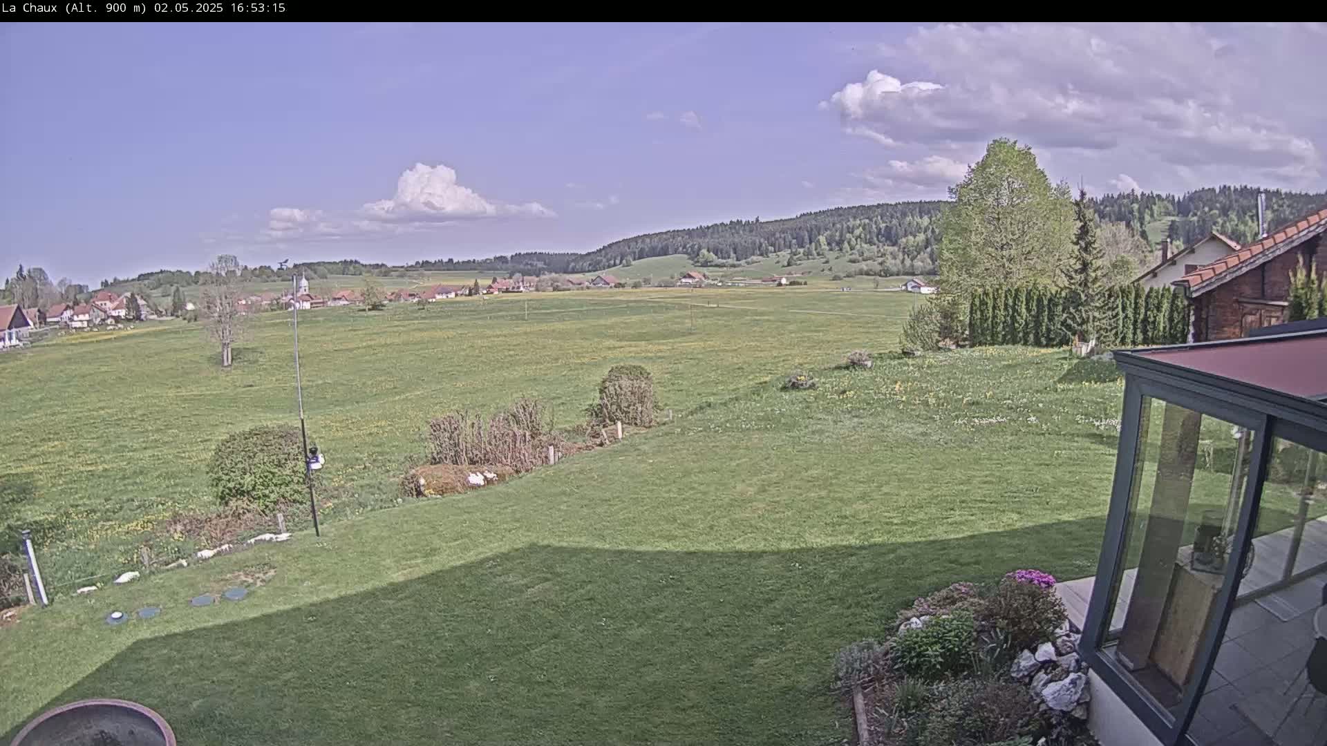A partly cloudy sky overlooks a grassy yard and distant village nestled between rolling green hills and a dark forest.