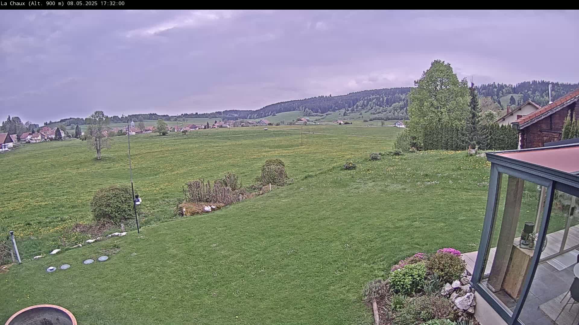 A grassy backyard slopes down to a verdant field dotted with dandelions, overlooked by a village nestled against a hillside under a partly cloudy sky.