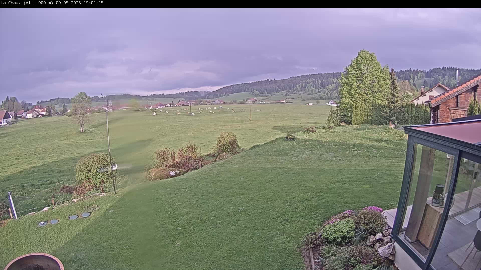 A verdant lawn slopes down to a pasture dotted with cattle, beyond which are rolling hills covered in forest under a mostly cloudy sky.