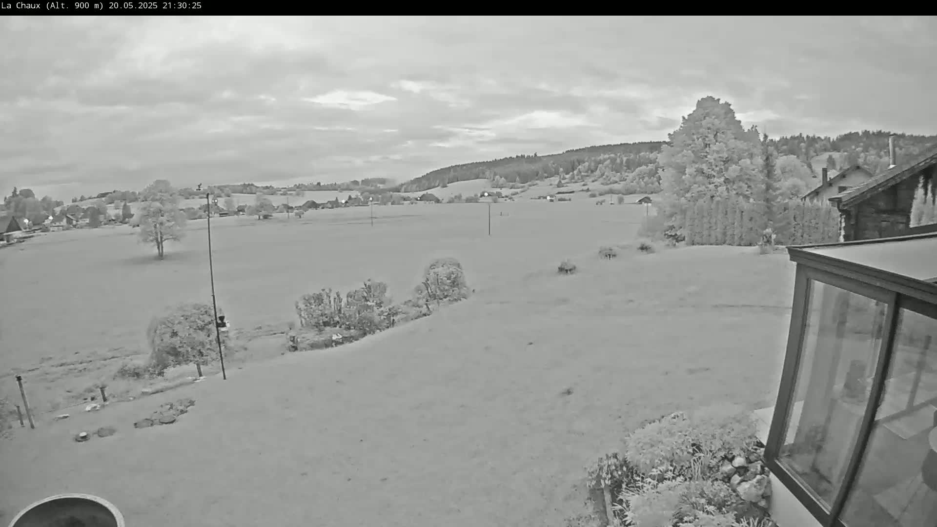 A grayscale image shows a flat, grassy field under a cloudy sky, with trees, buildings, and a hillside in the background, viewed from a backyard with a glass enclosure partially visible in the lower right.