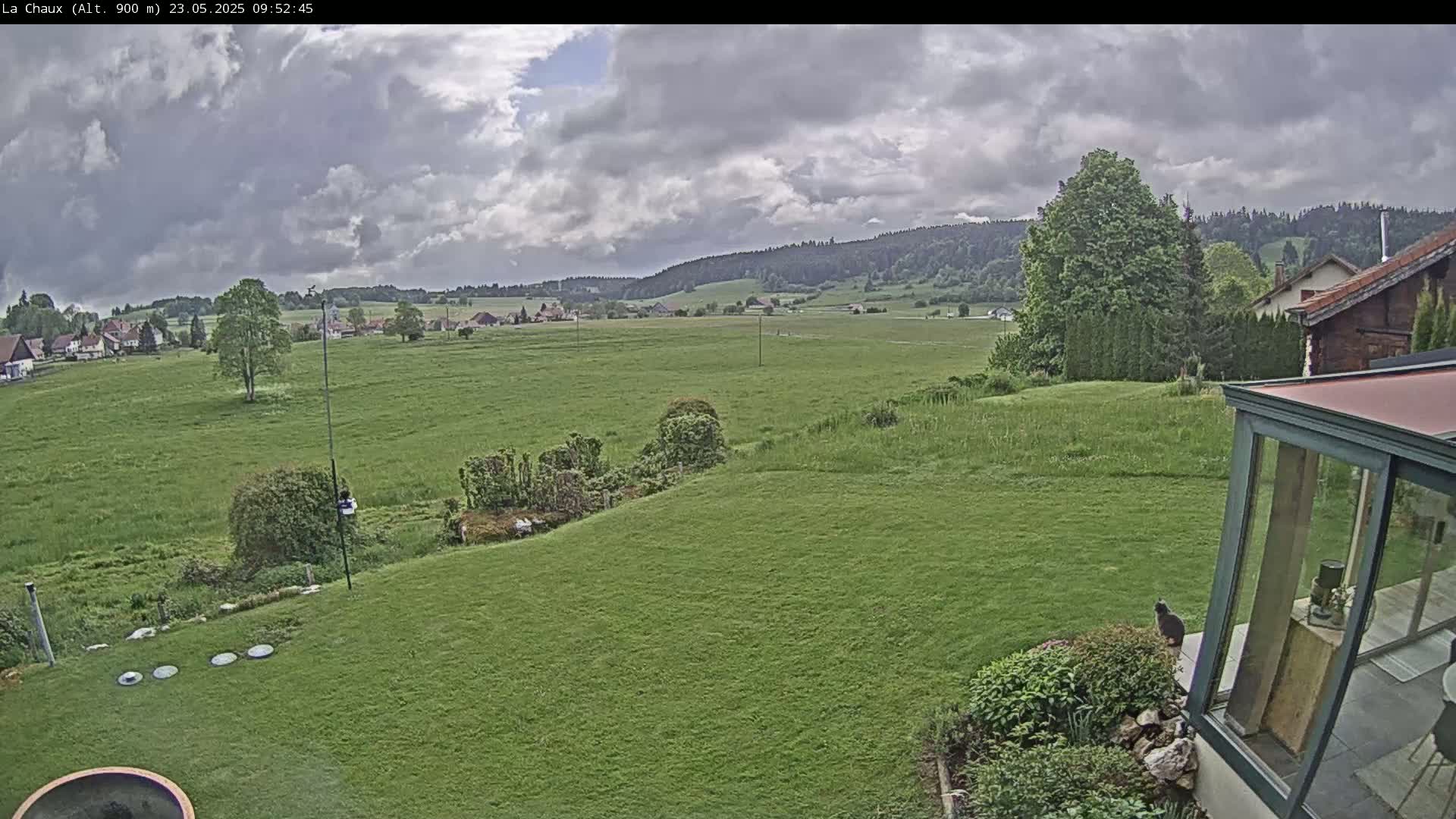 A verdant lawn slopes down to a vast, flat green field extending to a distant line of trees and hills under a cloudy sky.