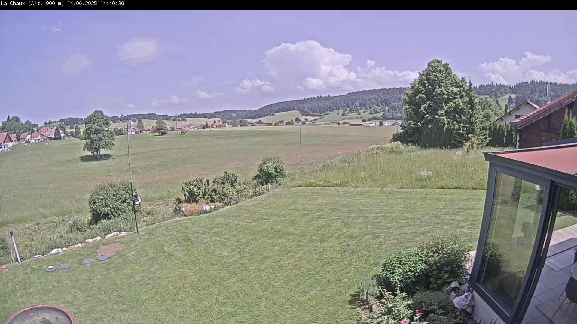 A partly sunny view of a grassy backyard, a village in the distance, and rolling hills under a partly cloudy sky.