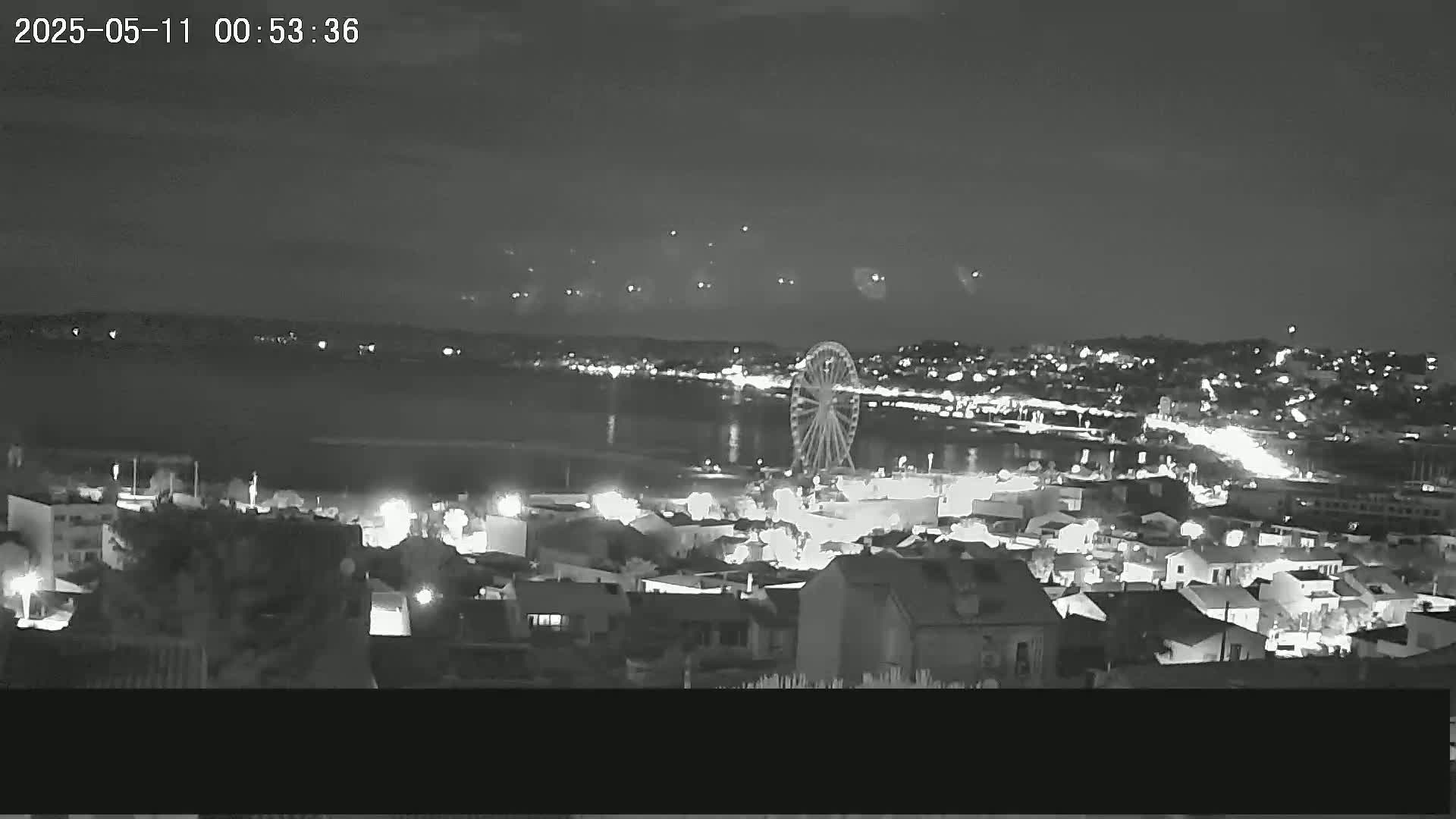 A nighttime, grayscale view shows a Ferris wheel near a body of water, with a city of lights stretching out behind it, under a mostly clear sky with faint distant lights.