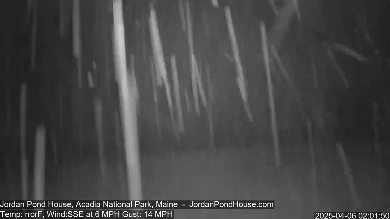 A blurry, nighttime image shows streaks of what appears to be heavy snow or sleet falling in windy conditions.