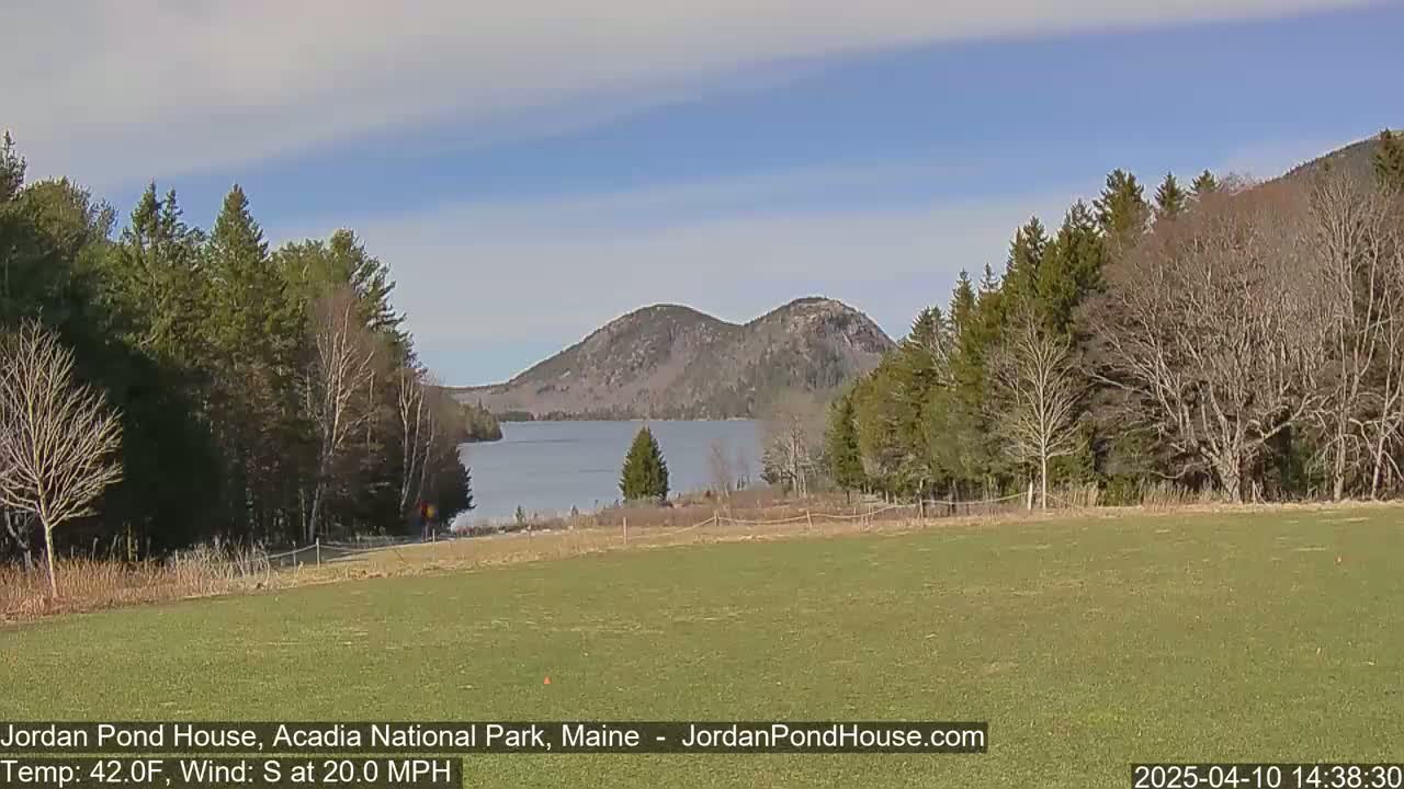 A calm, sunny day reveals a tranquil lake nestled between verdant hills and surrounded by trees, under a partly cloudy sky.