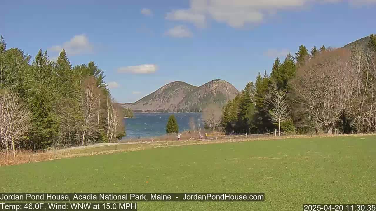 A partly cloudy, windy day shows a calm lake nestled between tree-covered hills and a grassy field in the foreground.