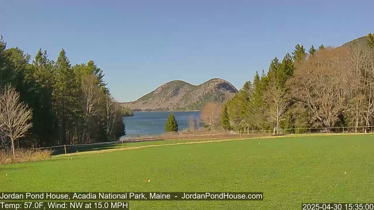 A grassy field overlooks a calm lake nestled between two mountains under a clear blue sky, with a brisk northwest wind.