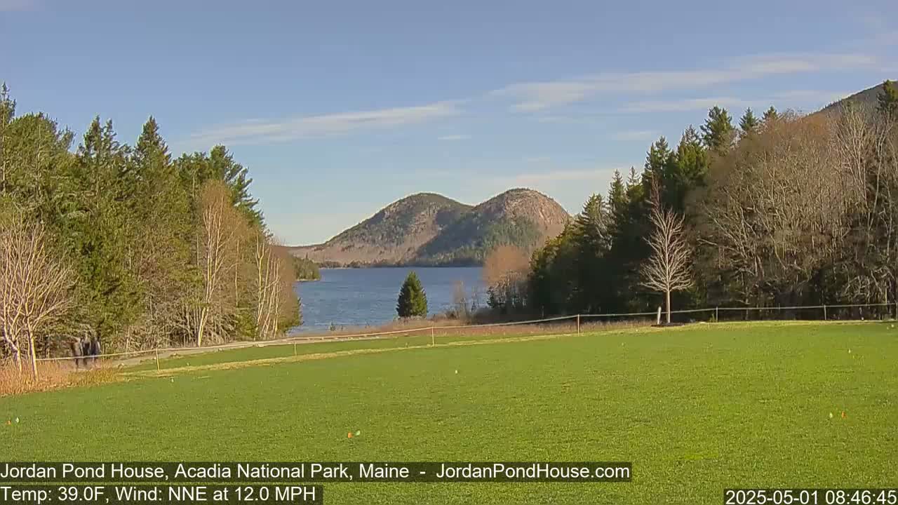A calm, sunny day reveals a green field overlooking a lake with two mountains in the background, under a mostly clear sky.