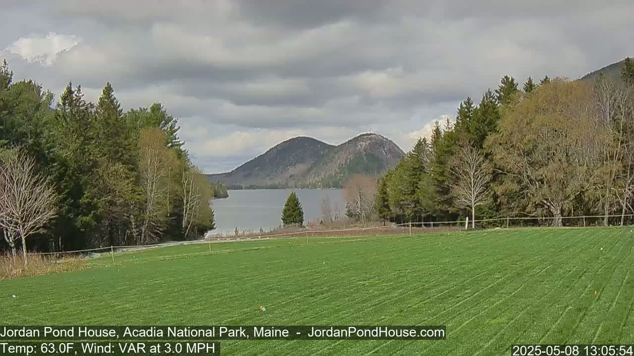 A calm, partly cloudy day reveals a tranquil lake nestled between verdant hills and a field of freshly planted grass, with trees lining the perimeter.