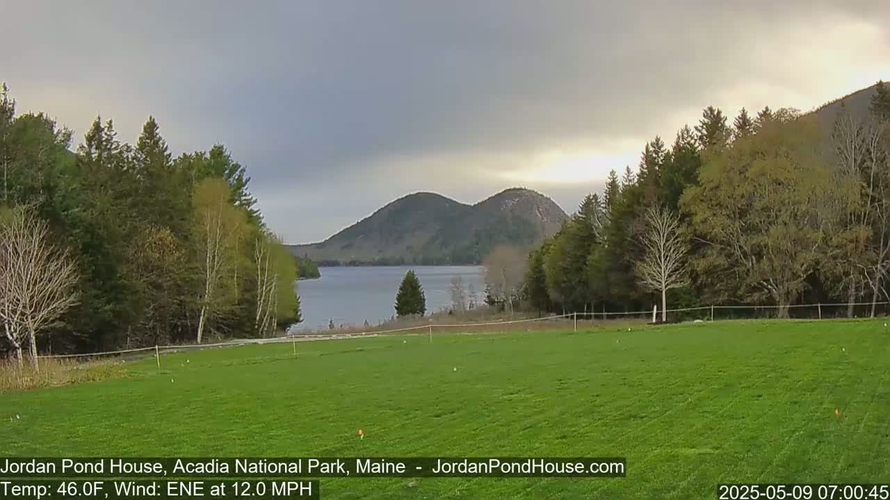 A green field stretches towards a calm lake nestled between tree-covered hills under a mostly cloudy sky.