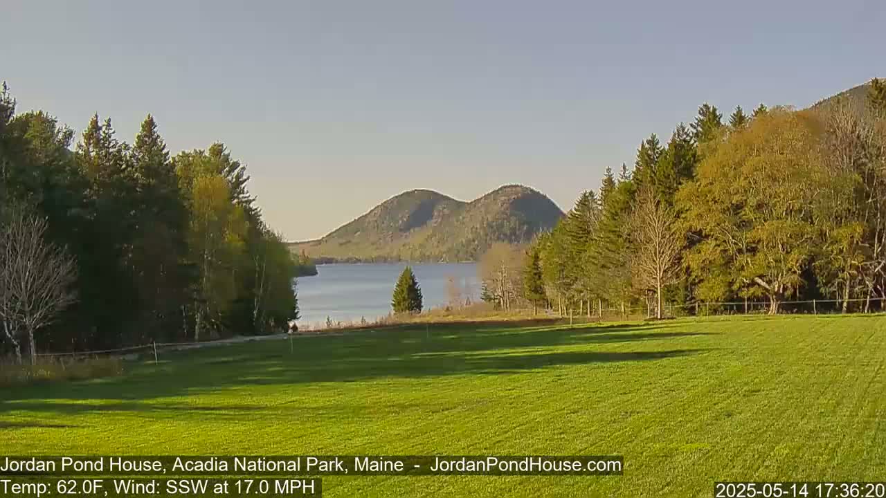 A grassy field overlooks a calm lake nestled between two rounded mountains under a clear sky, with a moderate wind blowing from the southwest.