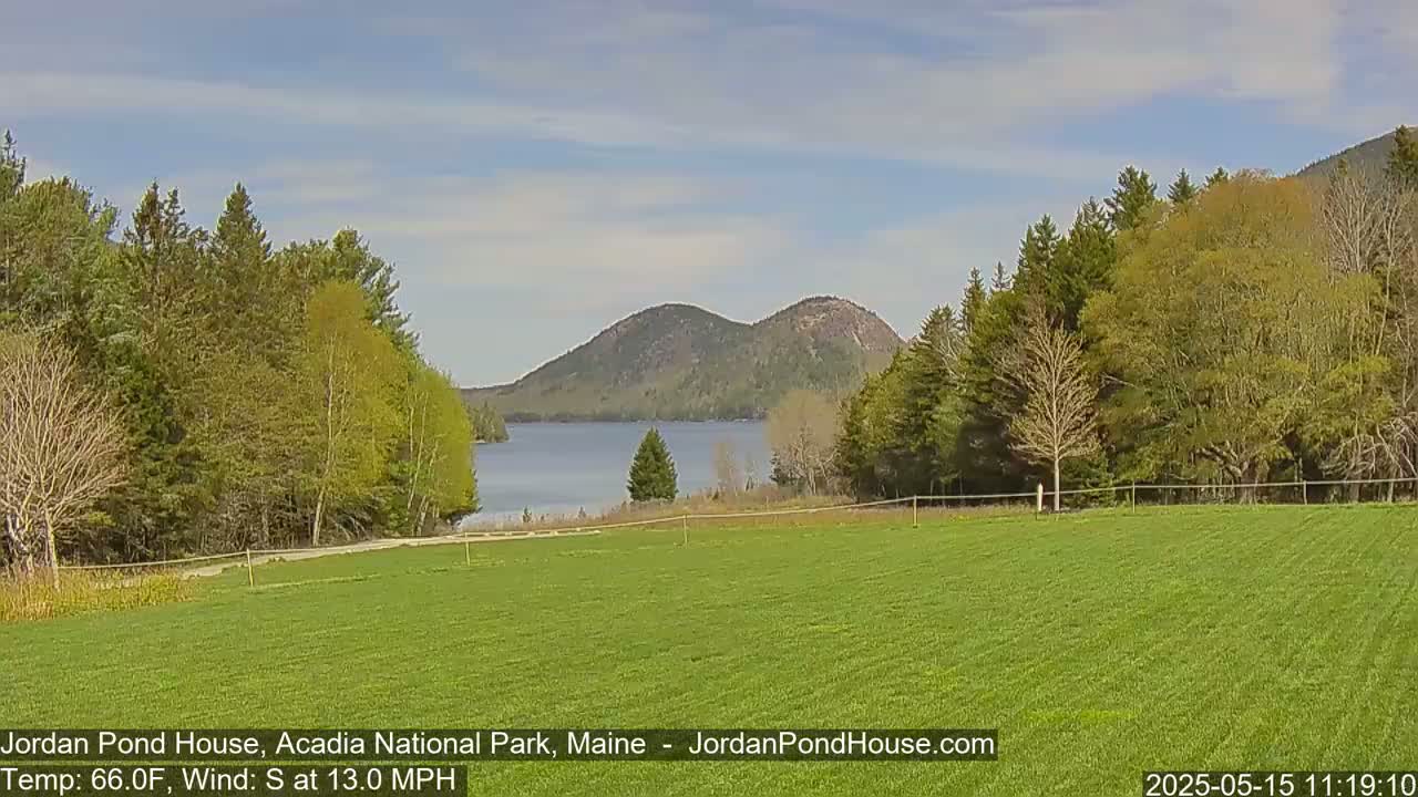 A verdant field stretches before a calm lake nestled between two rounded mountains under a partly cloudy sky, with trees lining the water's edge.
